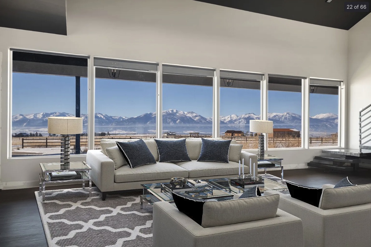Custom Montana luxury 5,500 sq ft home — living room with floor-to-ceiling mountain views — Homeworks Montana